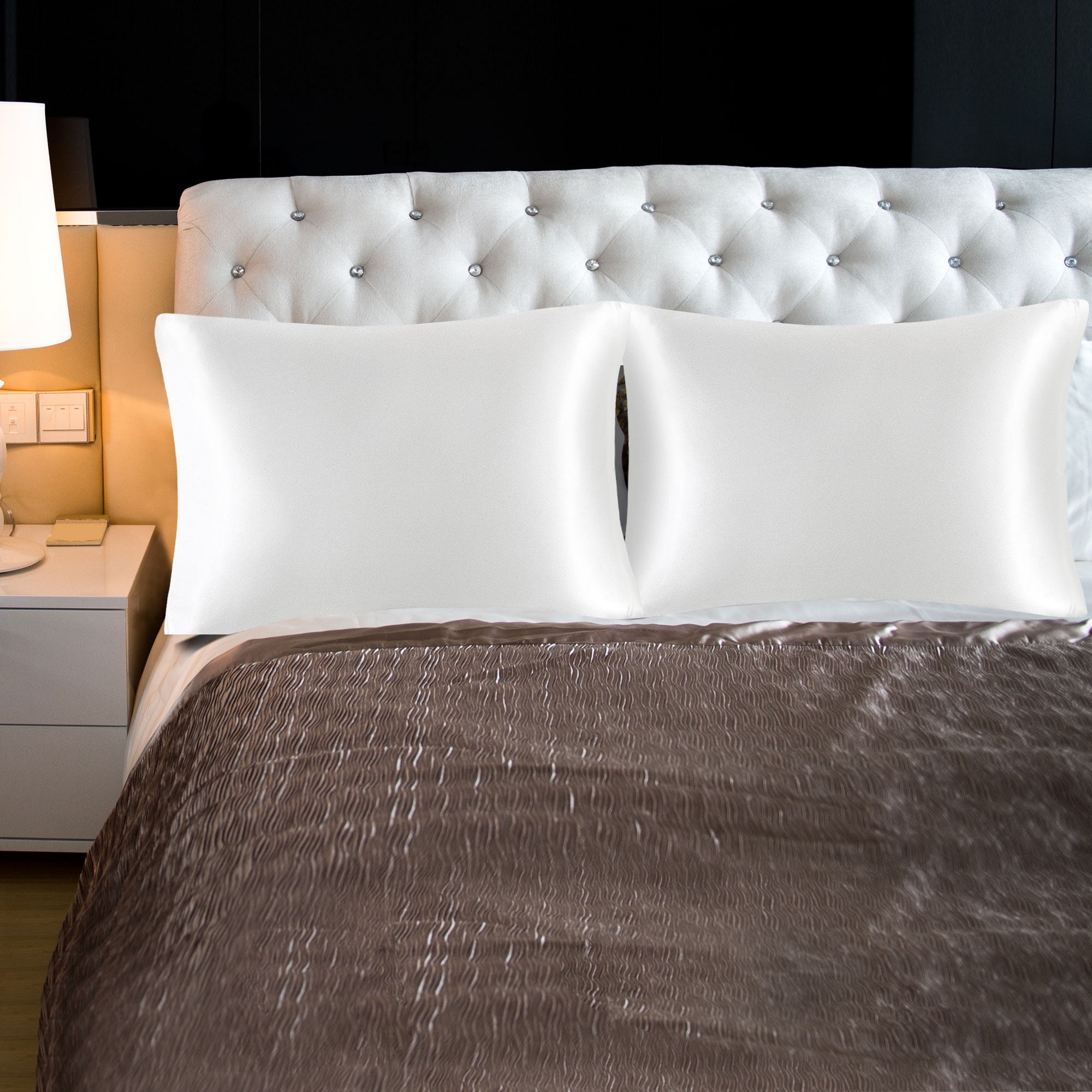 Unique Bargains Satin Set of 2 Zipper Closure Pillowcases White 20"x26"