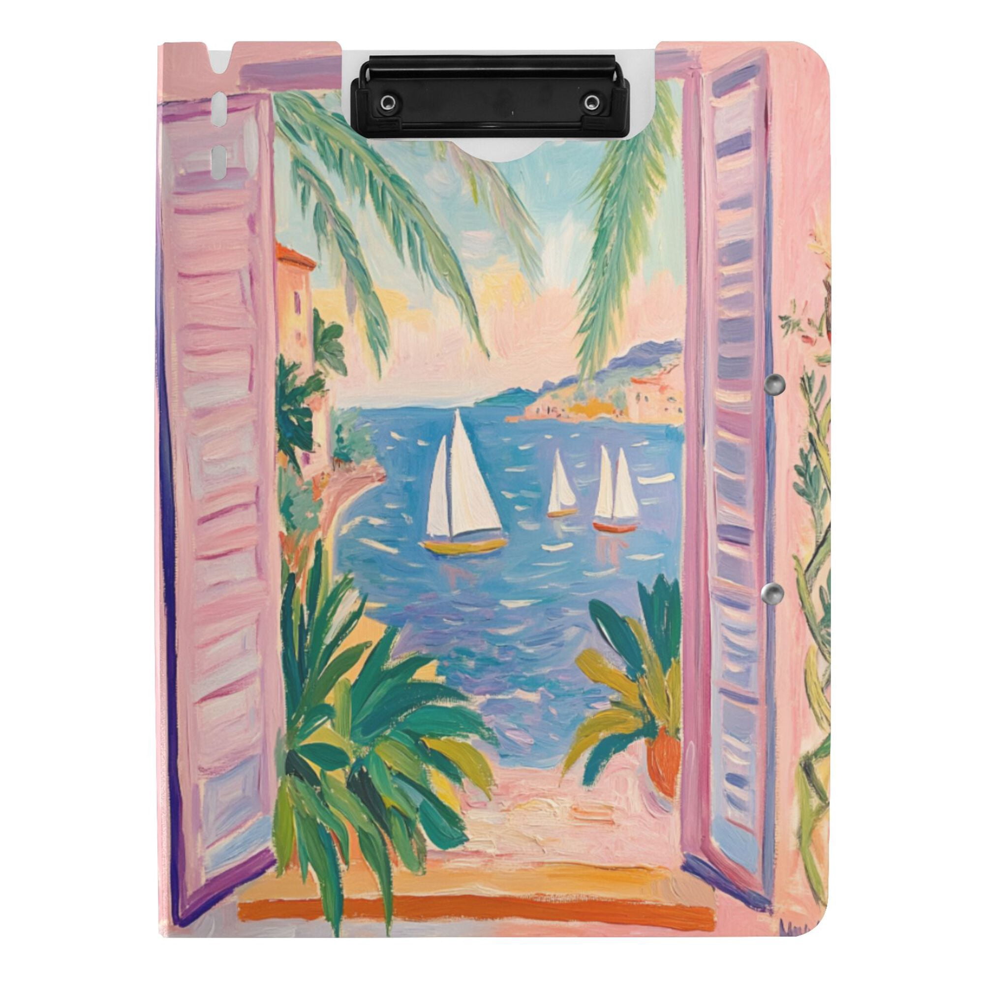 FORMRS A4 Clipboard Folder with Pen Holder Horizontal Foldable School Office Binder, Pink Seaside Boat