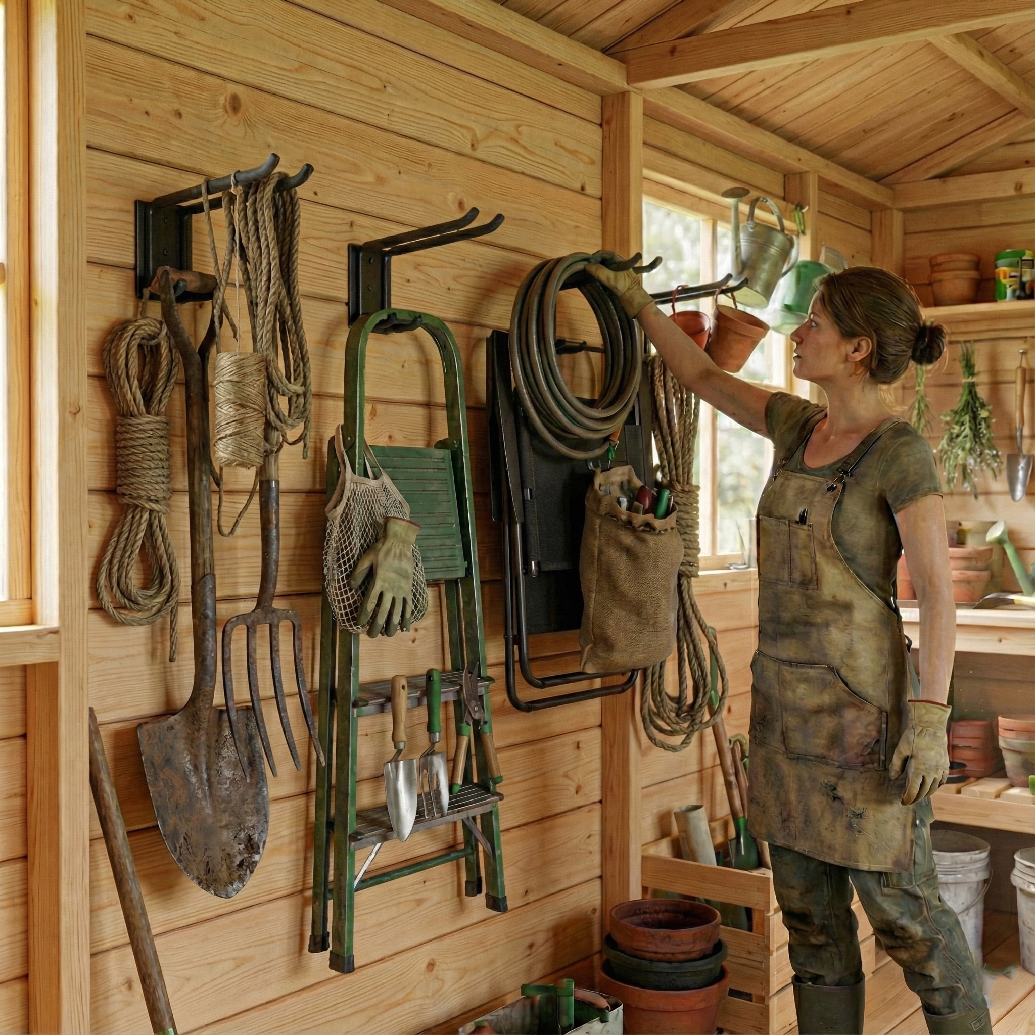Wall Mount Garage Tool Organizer Storage Hook for Yard Shed, Garden Tool Holder Organizer Rack, Metal Garage Garden Tool Hanger for Lawn Organizer Holds Shovel,Rakes,Brooms,Hoses 4 Pack