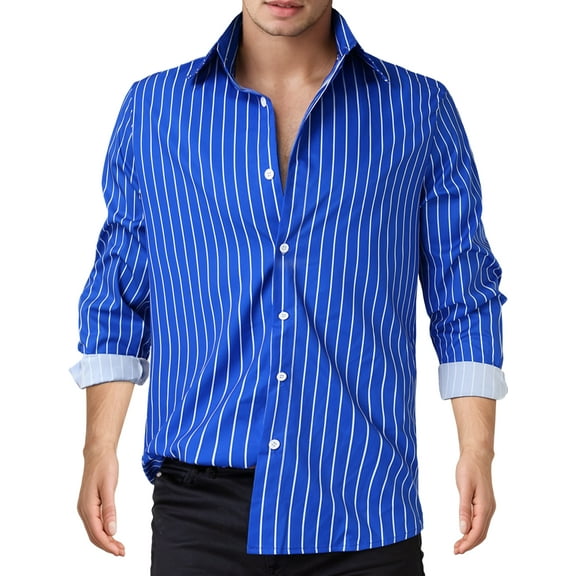 FEOYA Mens Striped Shirts Casual Business Top Long Sleeve Button Down Shirt Regular Fit Shirts Wedding Cotton Dress Shirt Lapel Collar Shirts Work Office Outfit S
