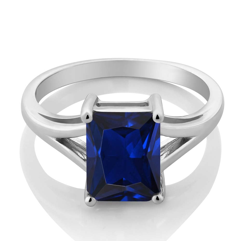 Gem Stone King 925 Sterling Silver Blue Created Sapphire Solitaire Engagement Ring for Women (2.70 Cttw, Emerald Cut 9X7MM, Gemstone September Birthstone, Size 8)