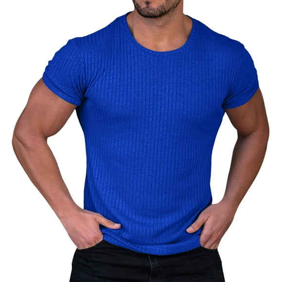 Yijiekai linen shirts for men Men's Summer Vertical Stripe Round Neck Stretch Short Sleeve T Shirt mens polo shirts short sleeve gildan t shirts mengildan casual dress Blue L (Clearance)