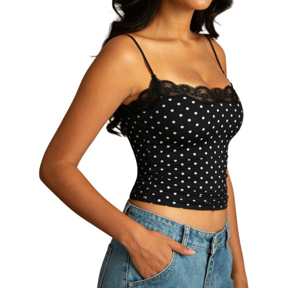 Women'S Lace Y2K Square Neck Strap Tank Top Sleeveless Going Out Party Club Basic Shirt Black Polka Dots XL