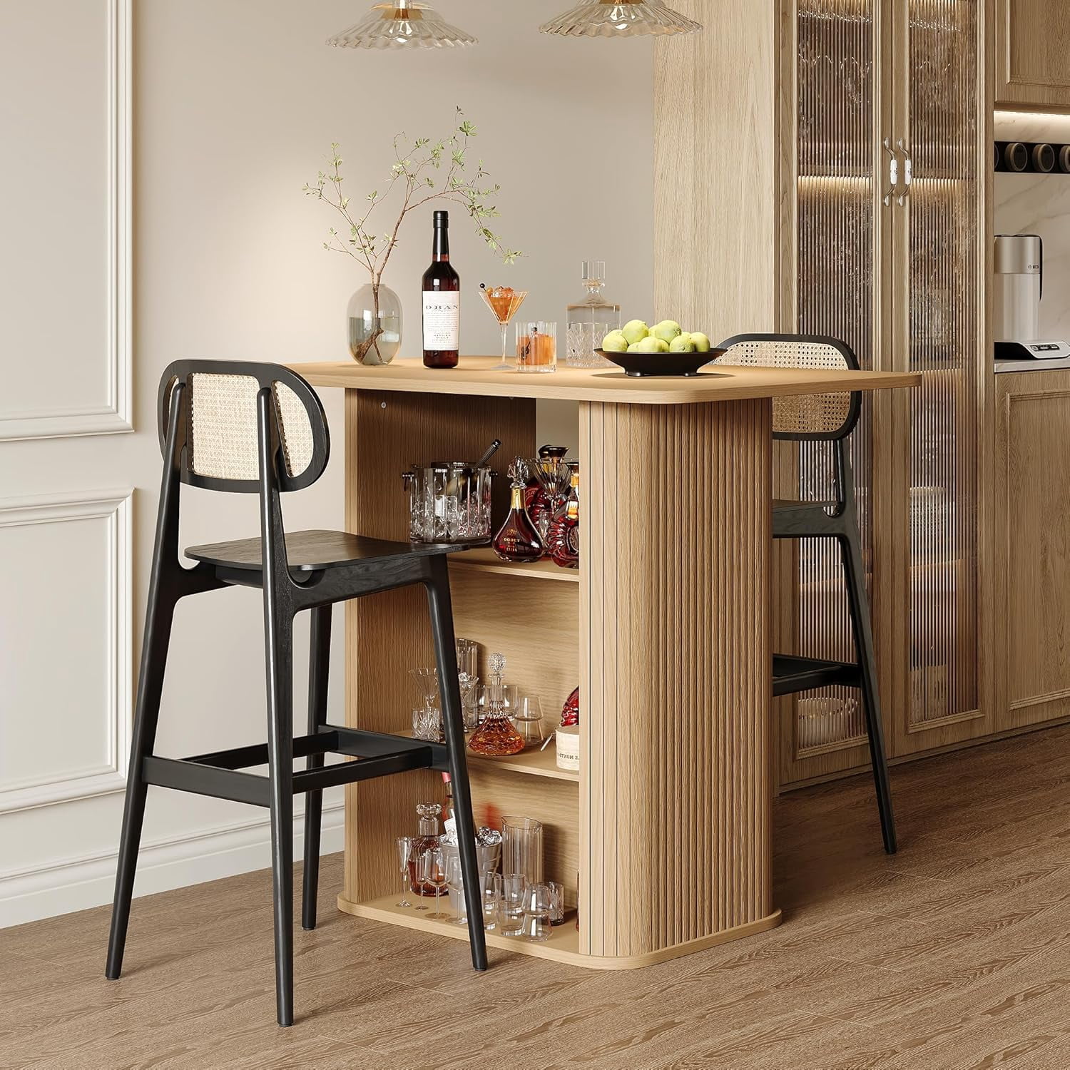 LAZZO 43.5" Kitchen Island with Storage, 3-Tier Farmhouse Counter Height Table, Rustic Wood Coffee Bar Table for Kitchen & Dining Room, Oak