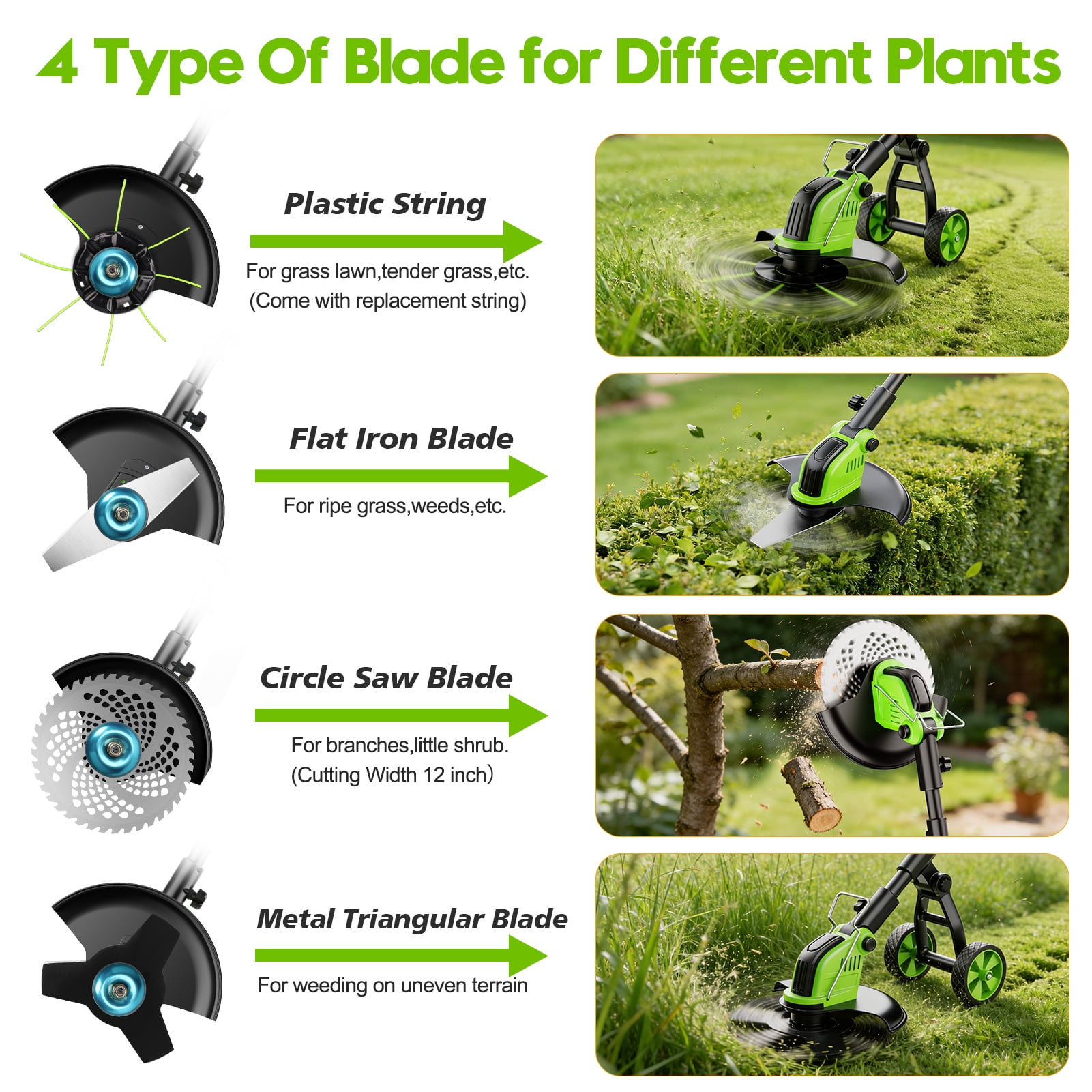Fovendi Electric Weed Eater Battery Powered,12″Weed Wacker, 4 in 1 Grass Trimmer/Brush Cutter/Grass Edger/Weed Trimmer