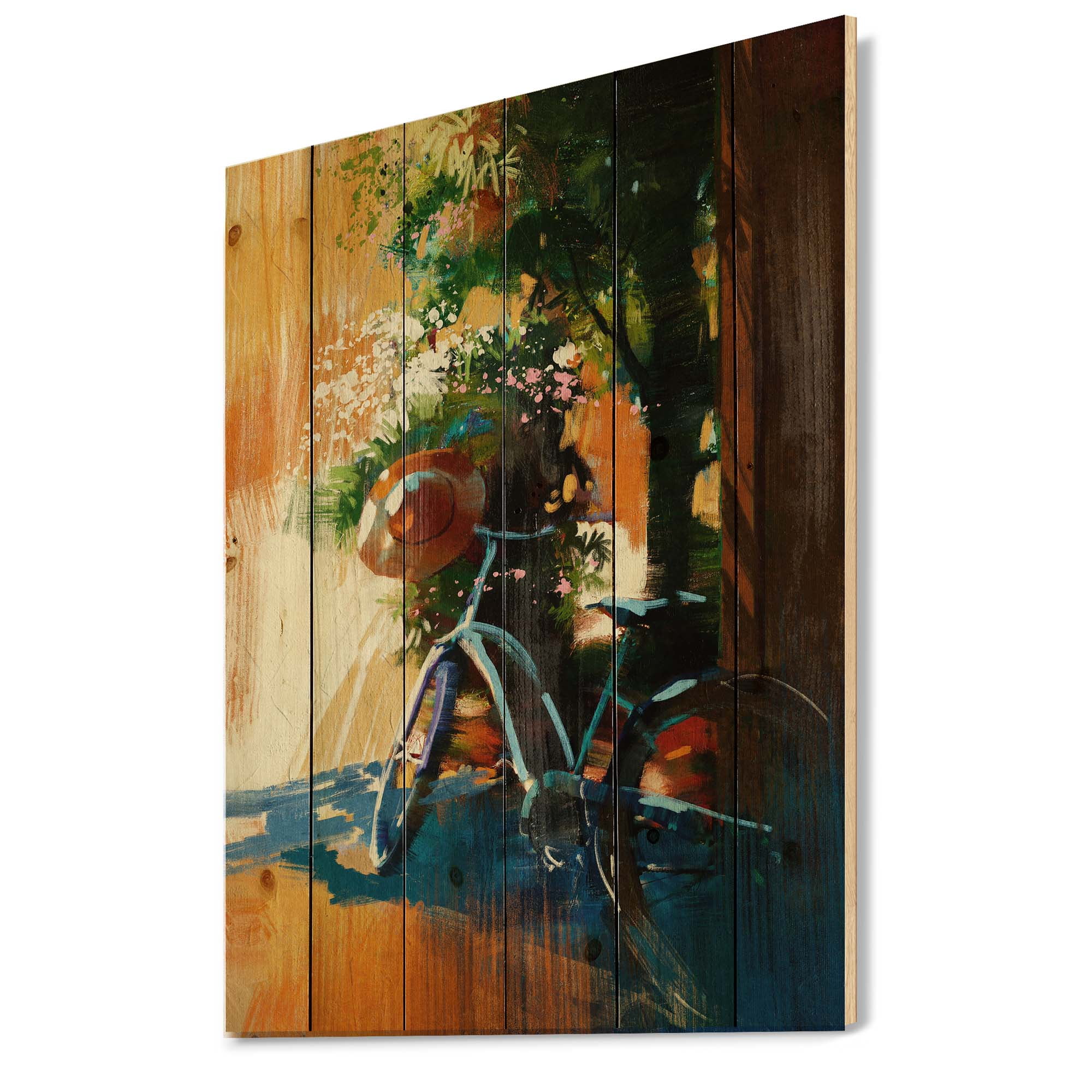 Designart 'Ancient Bicycle and Old Hat On Summer Day' Vintage Print on Natural Pine Wood