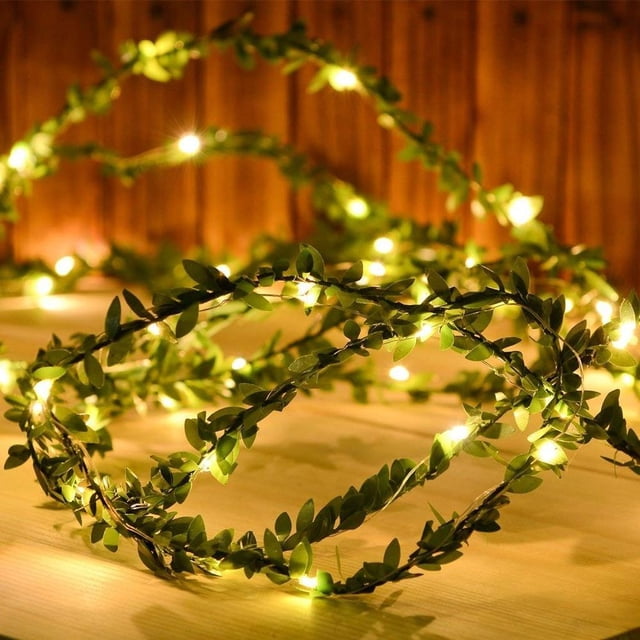 Guirnalda de hiedra artificial de 5 m y 50 LED, zarcillo de hiedra artificial, luces de hadas blancas cálidas, funciona con pilas para decoración de bodas en el hogar y el jardín