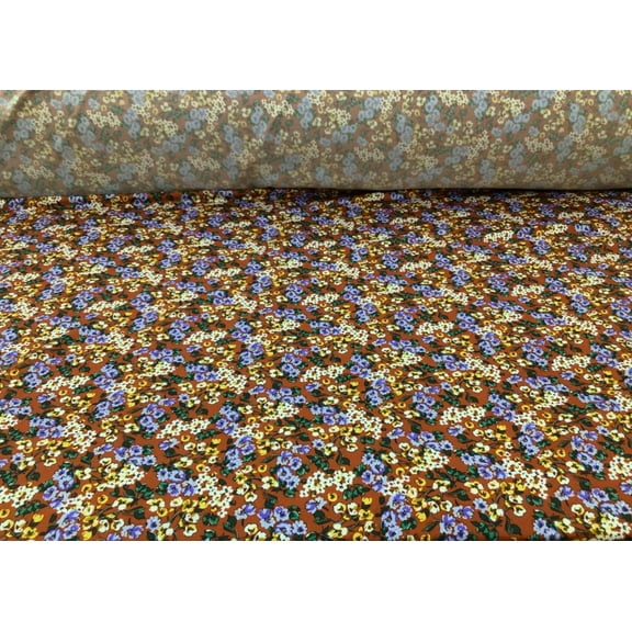 Printed DTY Spandex Stretch Apparel Fabric Rust Brown Blue Gold Floral J411