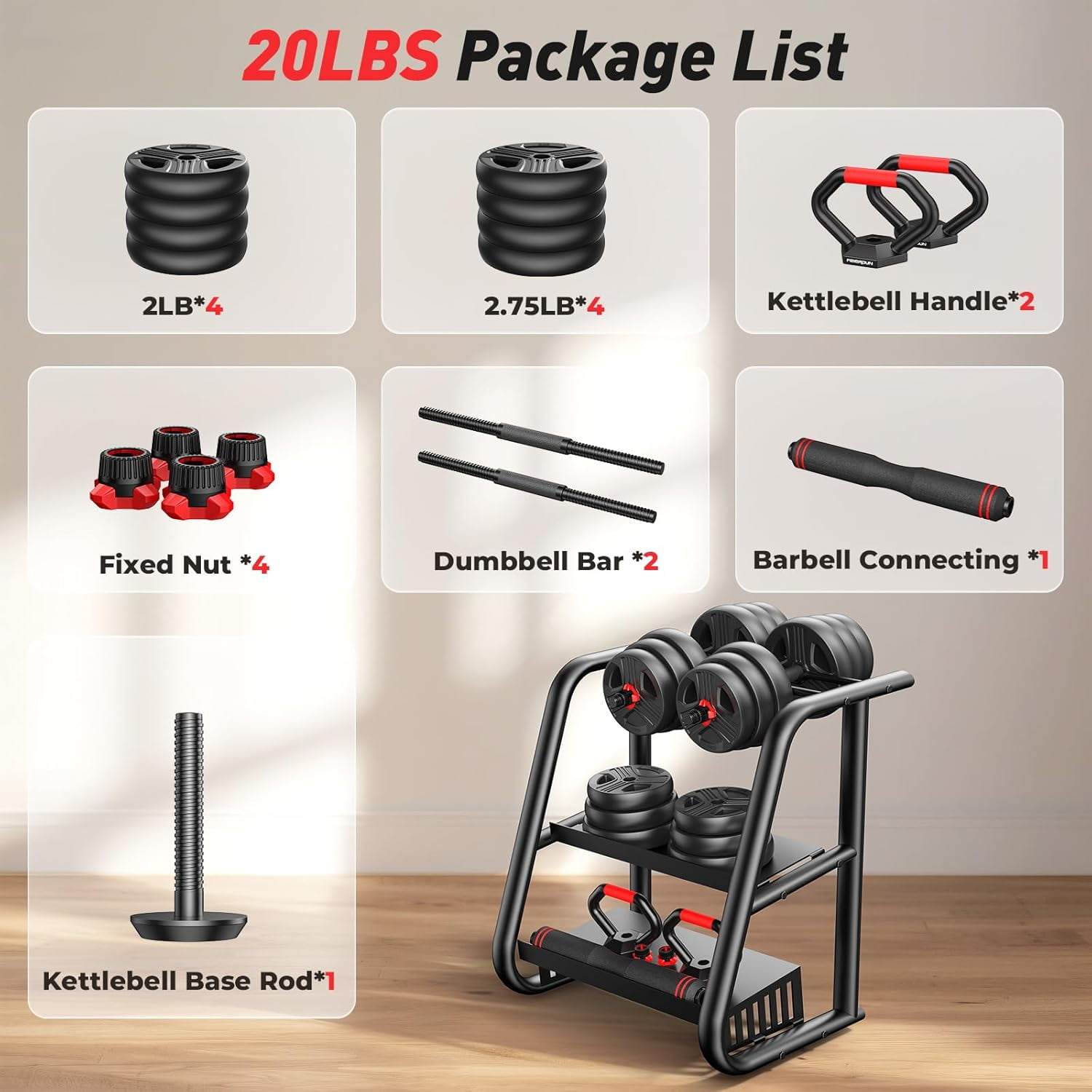 Adjustable Dumbbell Set 5-in-1 with Double Lock Nut, 20/35/45/55/70/90lbs Free Weights for Home Gym, Kettlebell Barbell Push-up Stand