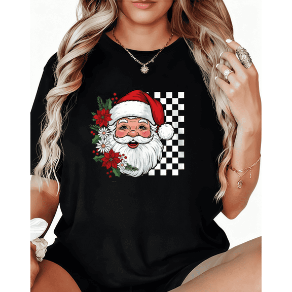 Retro Santa Claus Print Tshirt Black Graphic Tees Shirts S-5XL Christmas Casual Trendy Classic Tops