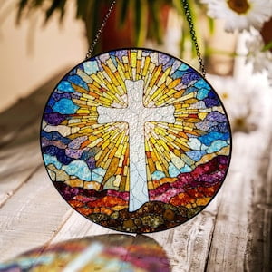 Glass Cross Suncatcher With Bright Colors And Beautiful Design For Home Or Church Gift, Suncatcher Window Hanging, 3.5 in