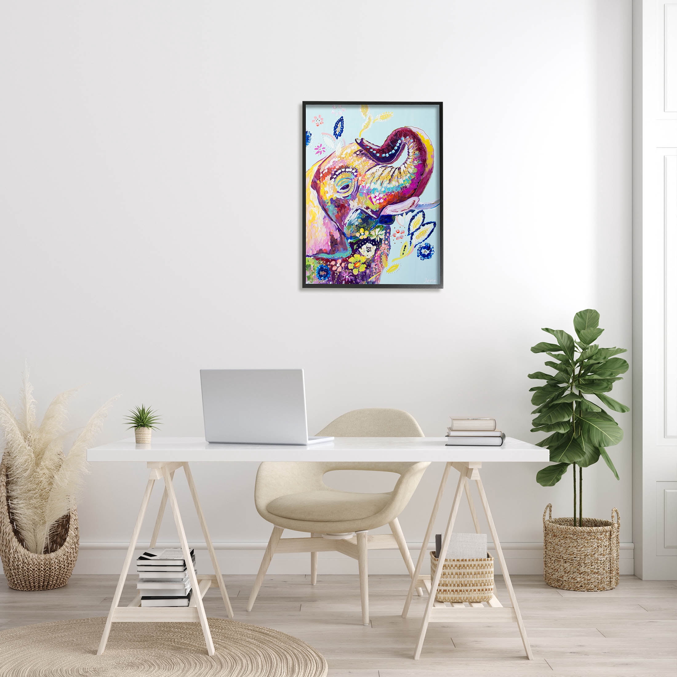 Floral Pattern Fun Elephant Animals & Insects Painting Black Framed Art Print Wall Art