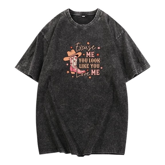 Plus Size Western Graphic Tee - Vintage Wash "Excuse Me..." Cowboy Print T Shirt with Hat & Boot Design, Distressed Short Sleeve Printed Tops (Oversize S-5XL)