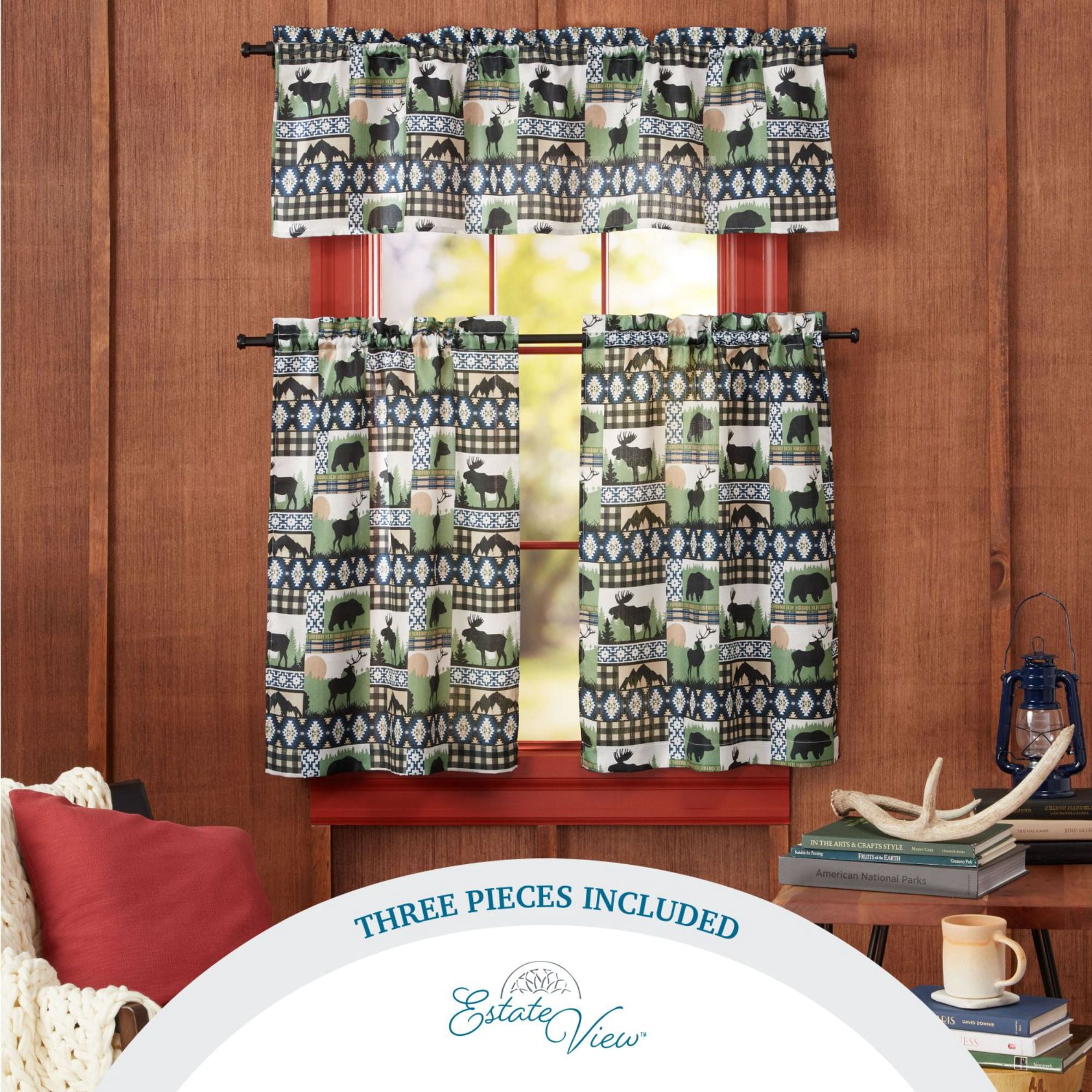Estate View™ Moose Lodge Light Filtering Rod Pocket Straight 3 Piece Tier Valance and Curtains Set, 54"x36", Green Black