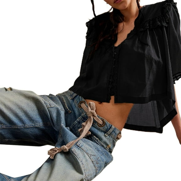 Women Y2K See Through Peplum Shirt Ruffle Lace Trim Buttons Tops Short Sleeve Doll Collar Babydoll Blouse