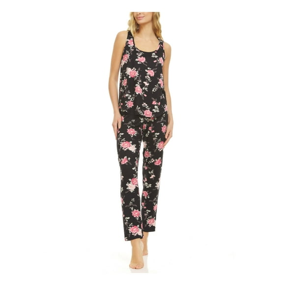 FLORA NIKROOZ Ensemble Noir Bande Élastique Floral Sans Manches Col Rond Débardeur Jambe Droite Taille TG