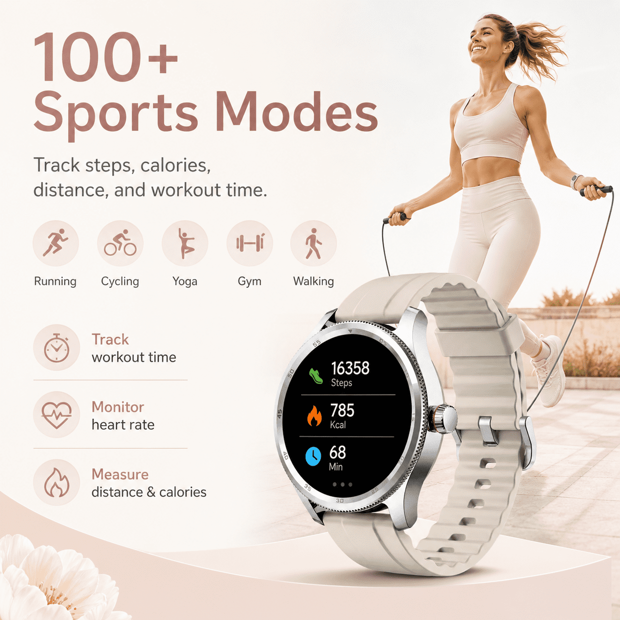 MiracoRun Women’s Smart Watch for iPhone & Android, 1.39" Round Touchscreen, Bluetooth Calling & Texts, Women’s Health Tracking- Cream
