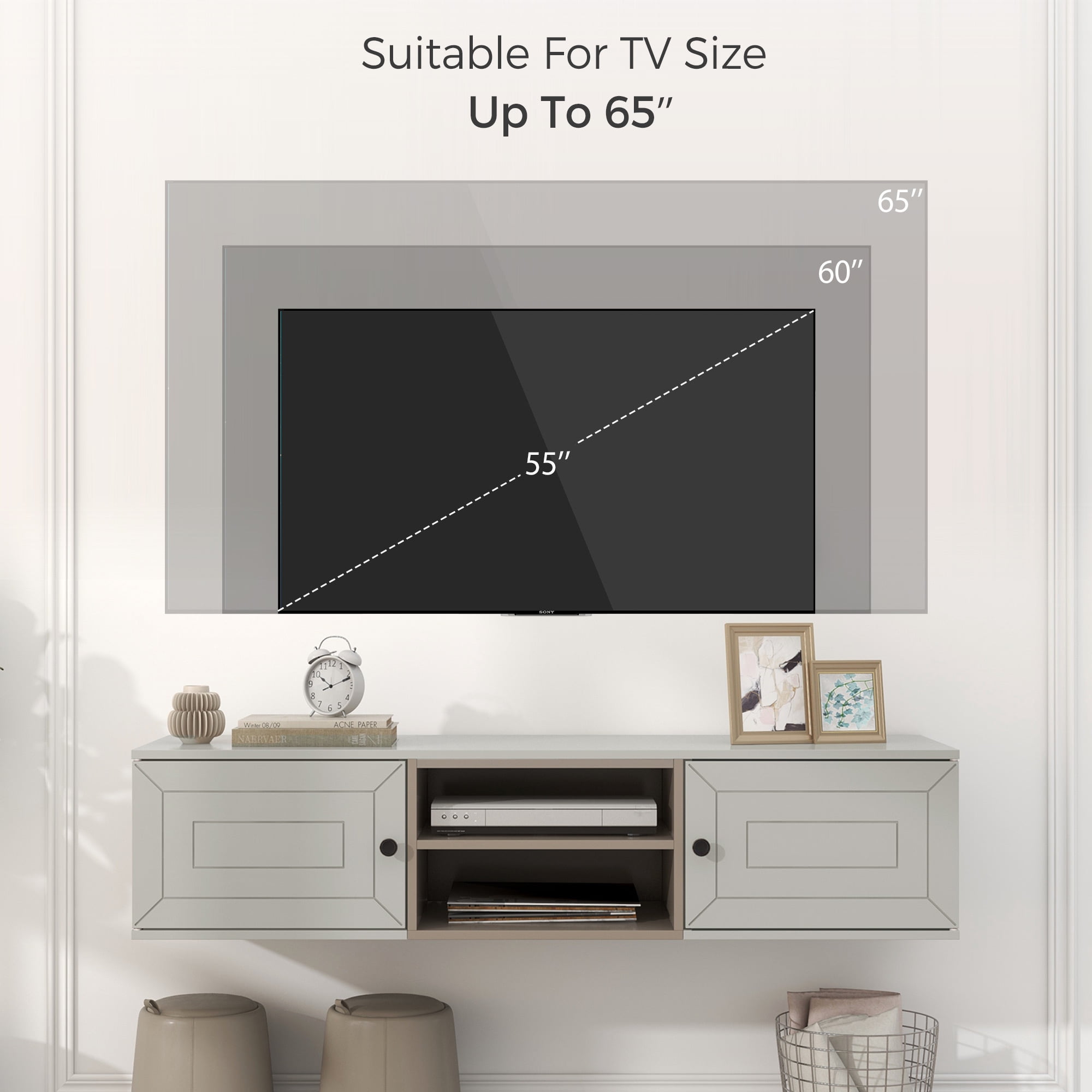 Resenkos Floating TV Stand Wall Mounted with Adjustable shelves, Modern High Gloss Entertainment Center for 70Inch TVs, Beige Resenkos Floating TV Stand Wall Mounted with Adjustable shelves, Modern High Gloss Entertainment Center for 70Inch TVs, Beige