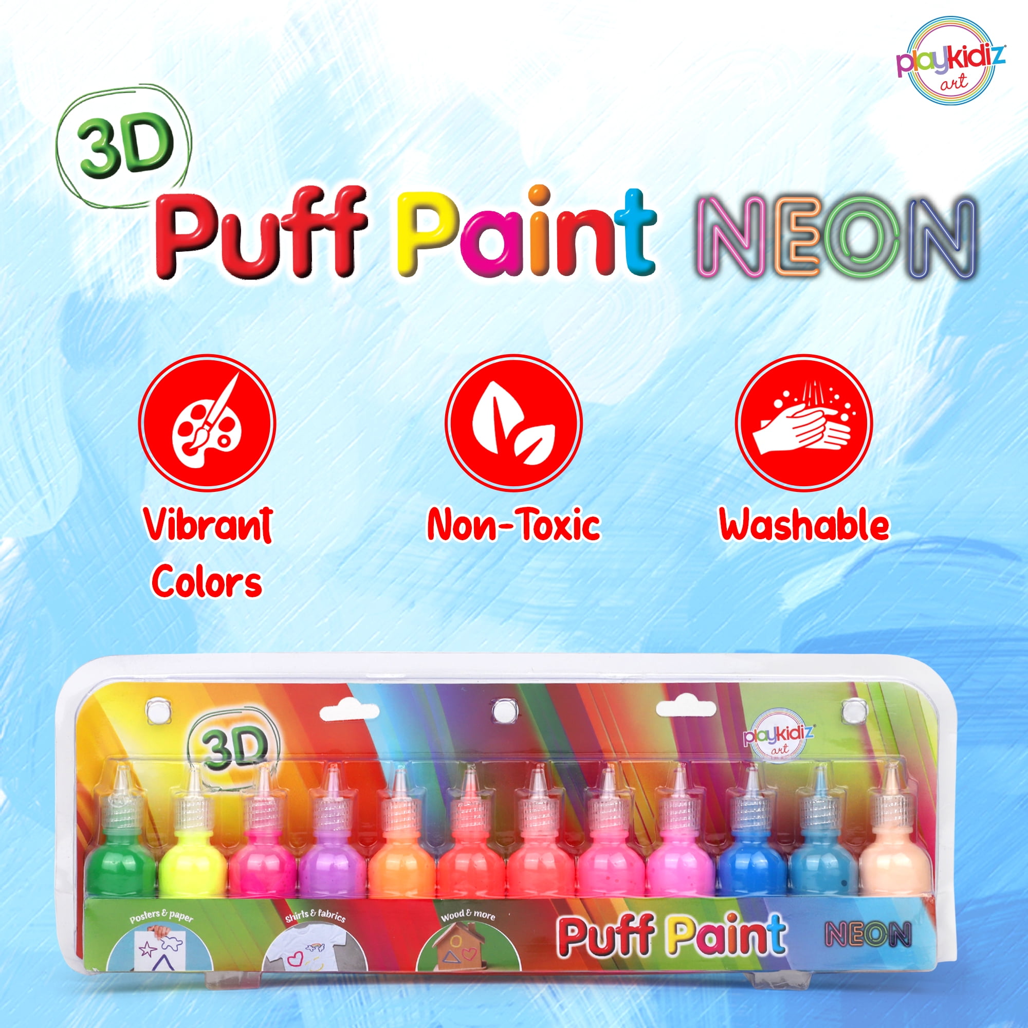 Playkidiz 3-D Art Neon Puff Paint For Kids, 12 Pack Color Pack Squeeze Paint, Non Toxic Puff Paint Set, Washable Fabric Paint, Classic Colors, Ages 3+.