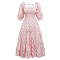 thumbnail image 2 of YM YOUMU Women Stars Square Neck Vintage Midi Dress Smocked Short Puff Sleeves Ruffled Hem Casual Dress, 2 of 5