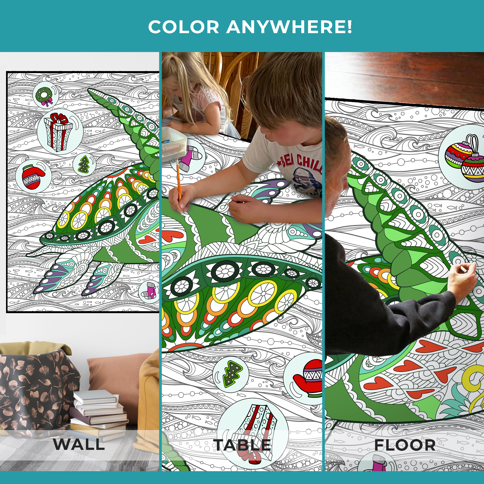Giant Coloring Poster - Premium Jumbo Coloring Sheets for Kids & Adults with Thick Bleed-Resistant Pages, Use on Floor, Wall, or Table, Use With Alcohol Based Markers (60” x 42”, ChristmasTurtle)