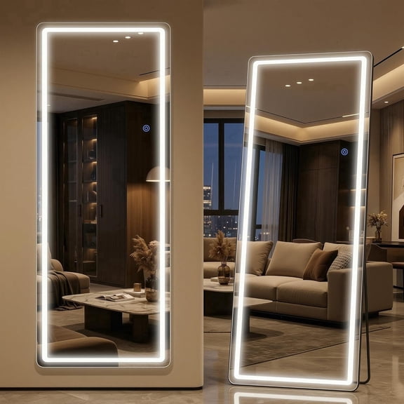 Antok 71"x26" LED Full Length Mirror, Freestanding & Wall-Mount Lighted Body Mirror, White
