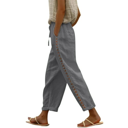 Prdecexlu Linen Cropped Pants for Women Wide Leg Summer High Waist Lace Side Hollowed Out Casual Capris Drawstring Loose Solid Color Vacation Beach Trousers with Pockets Light Gray M