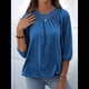 thumbnail image 5 of Camiseta de Cuello Redondo para Mujer, Blusa de Algodón de Media , Mangas 3/4, Informal, Holgada, Plisada, Básica. Azul S, 5 of 7