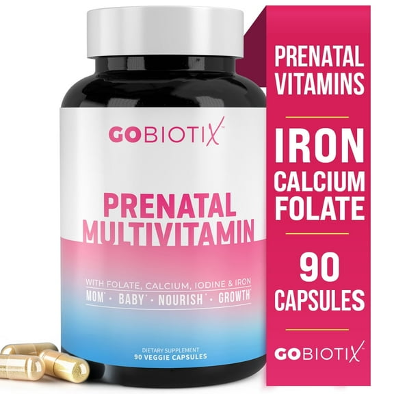 GoBiotix Prenatal Vitamins for Women with Iron, Calcium, Folate & Vitamin D2, 90 Capsules, Pregnancy Support