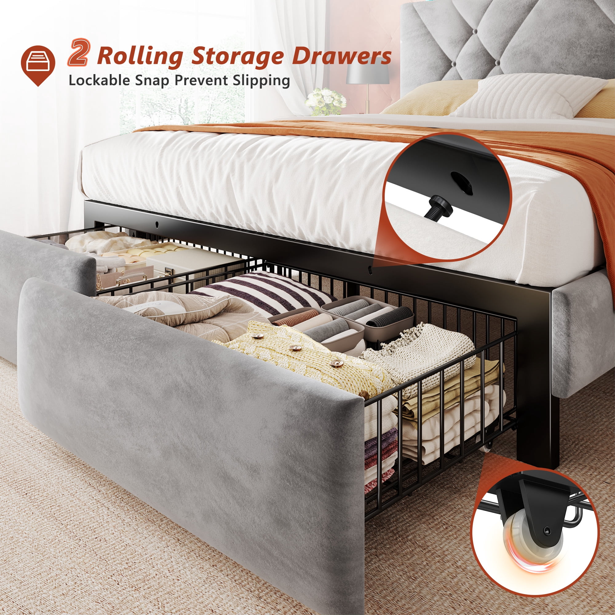 EnHomee Full Size Bed Frame with 2 Drawers &  Storage Platform Upholstered Bed Frame  with Headboard & LED Lights & Charge Station, Gray