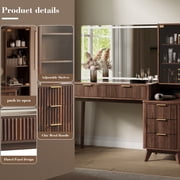 KeyWhat 48 Fluted Vanity Desk with 36 Mirror and Lights, Modern Makeup Table with 5 Drawers, Charging Station, Adjustable Shelves - Dark Walnut