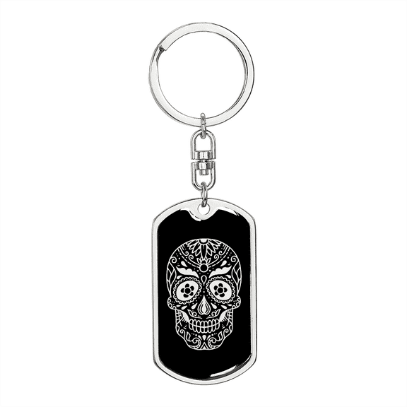 Calavera Mexican Sugar Skull 174 Stainless Steel or 18k Gold Premium Swivel Dog Tag Keychain