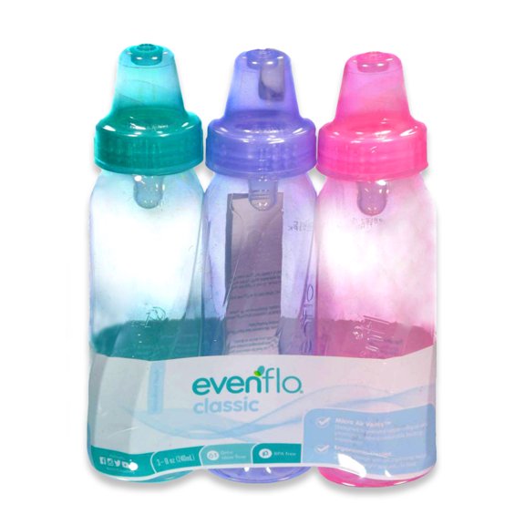 Evenflo 3-Pack Bottles (8 oz.) Color: green/pink/purple Size: one size