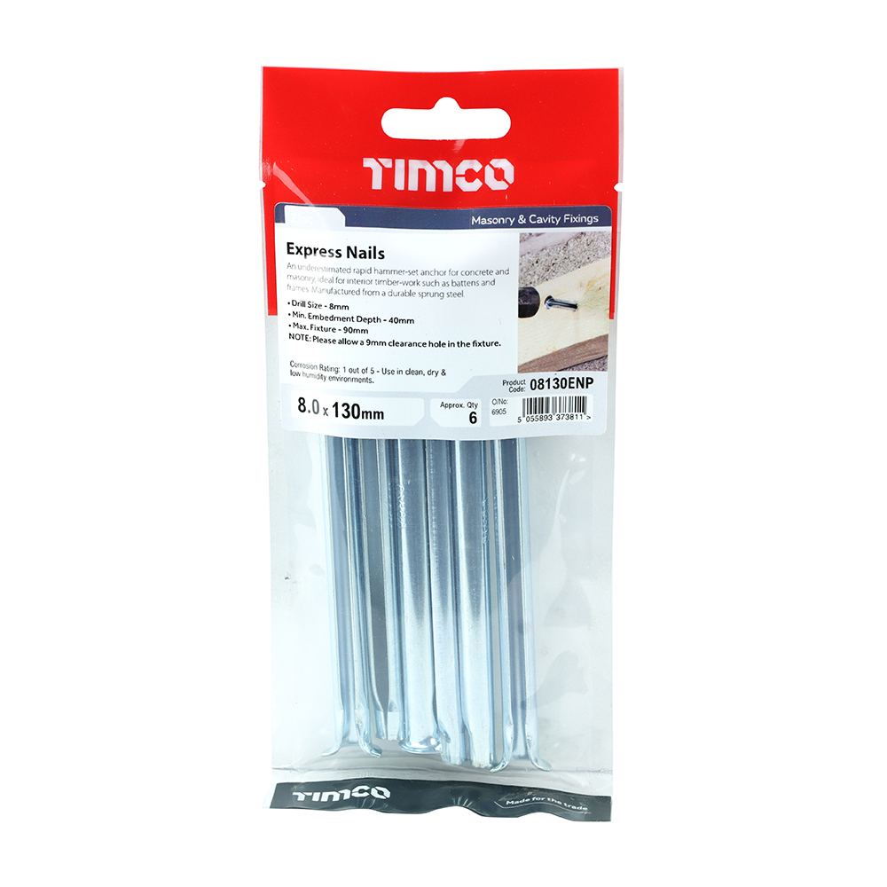 TimCo Express Nail Anchors - 8 X 110mm Zinc Plated Hammer-Set Anchors For Concrete & Masonry, Bag Of 35, Rapid Fixing For Timber Battens & Frames