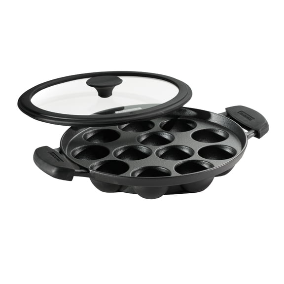 Tramontina Utsava Pre-Seasoned Cast Iron Appam Pan, 12-Hole Appe Pan with Lid, Great for Paniyaram, Takoyaki