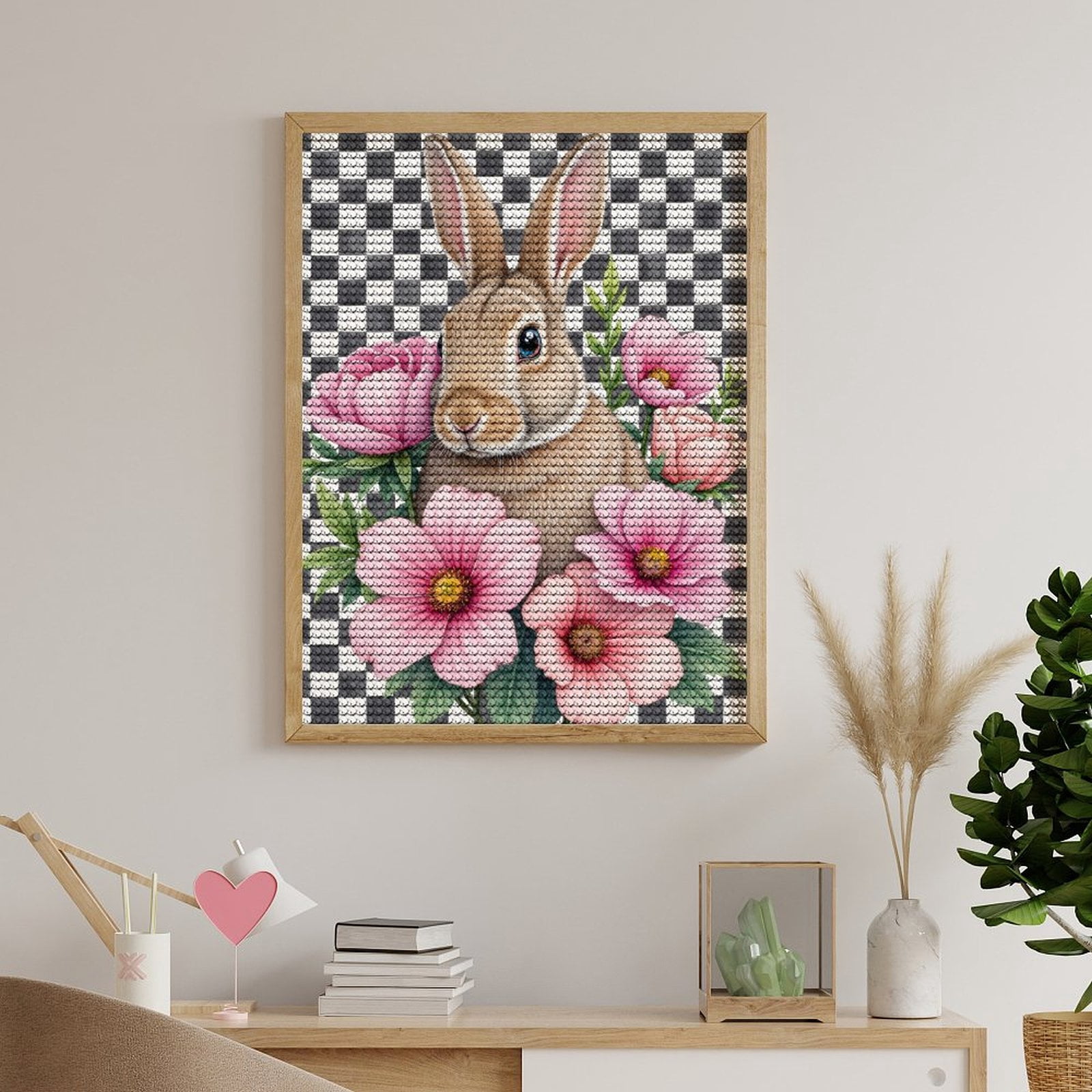 Diamond Art Kits for Adults, Rabbit With Pink Flowers Checkered Background 5D Diamond Painting Kits for Adults Beginners, DIY Full Drill Diamond Painting, Gem Art and Crafts 12x16