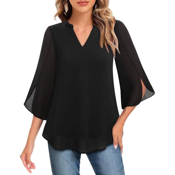 Ladies Tops and Blouses Womens Tops Casual Ruffle 3/4 Sleeve V Neck Double Chiffon Blouses Tops Long Sleeve T shirt Women