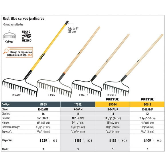 Rastrillo jardinero, 16 dientes, mango 60' fibra de vidrio Truper Rastrillo jardinero, 16 dientes, mango 60' fibra de vidrio