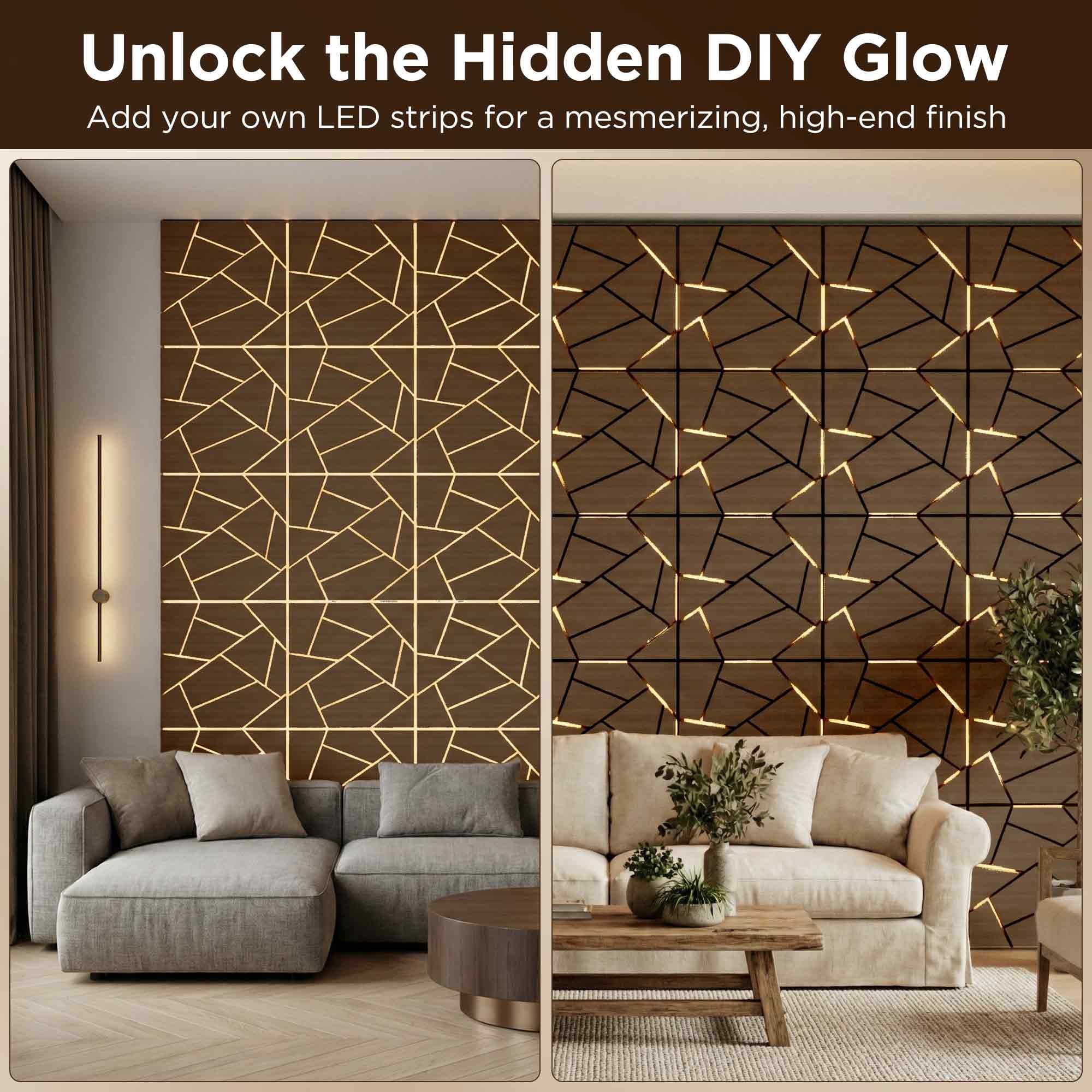 Fahomiss Abstract Geometric Acoustic Wood Slat Wall Tiles 4-Pack 24"x24", 3D Panel, Walnut