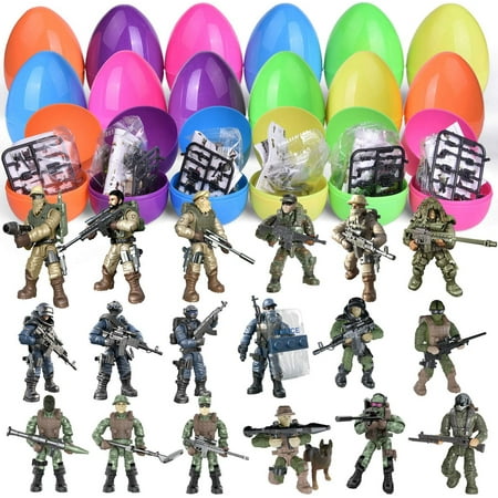 Fun Little Toys 18 Pcs Easter Eggs Prefilled with Army Men and SWAT Team Toy for Easter Basket Stuffers, Soldiers Action Figures Playset with Military Weapons Accessories for Kids Easter Gifts