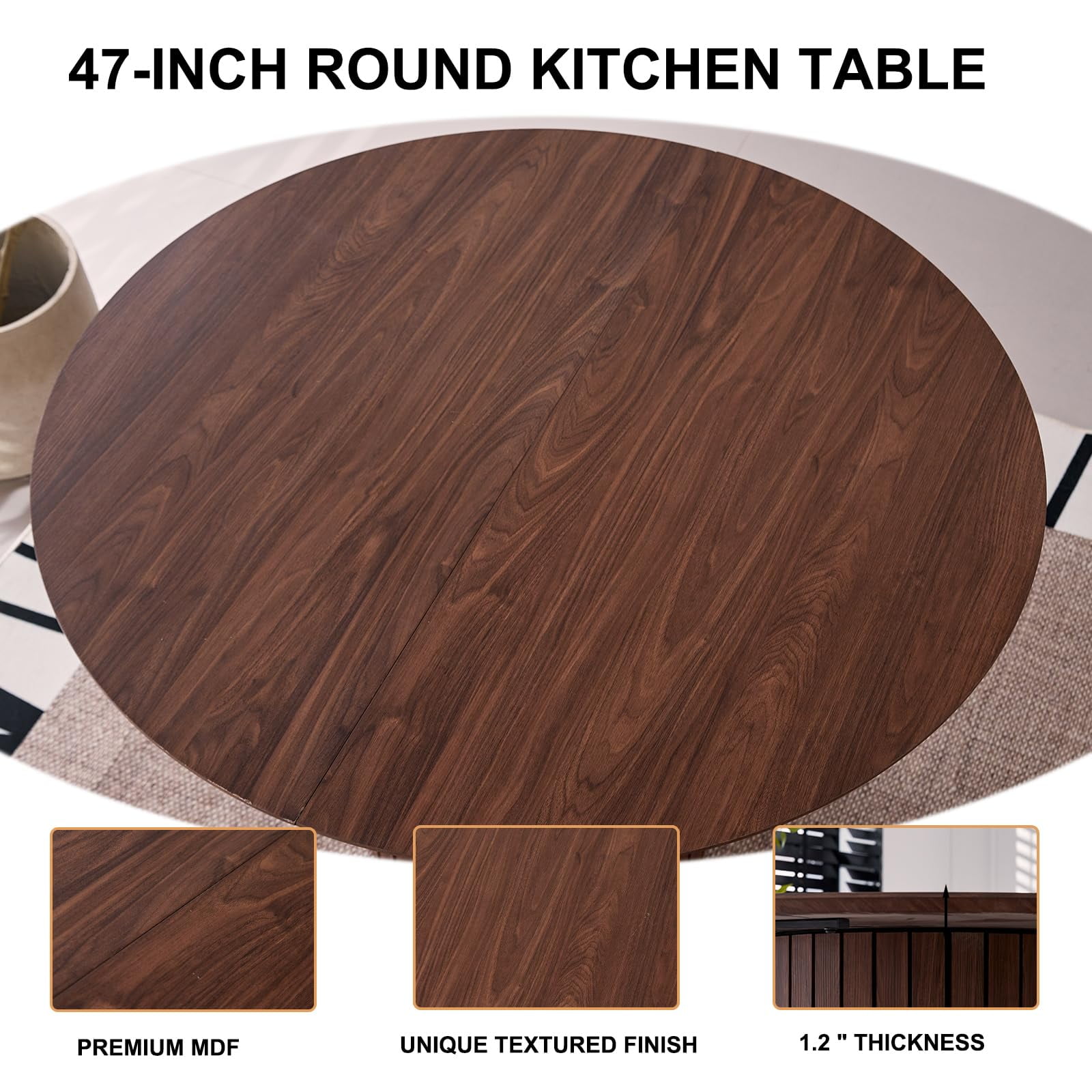 5 Piece Round Dining Table Set - Mid-Century 47 inch Brown Dining Table with 4 Blue Velvet Chairs Set, Dinner Table & Chair with Metal Legs for Kitchen Dining Room, Apartment, Bedroom