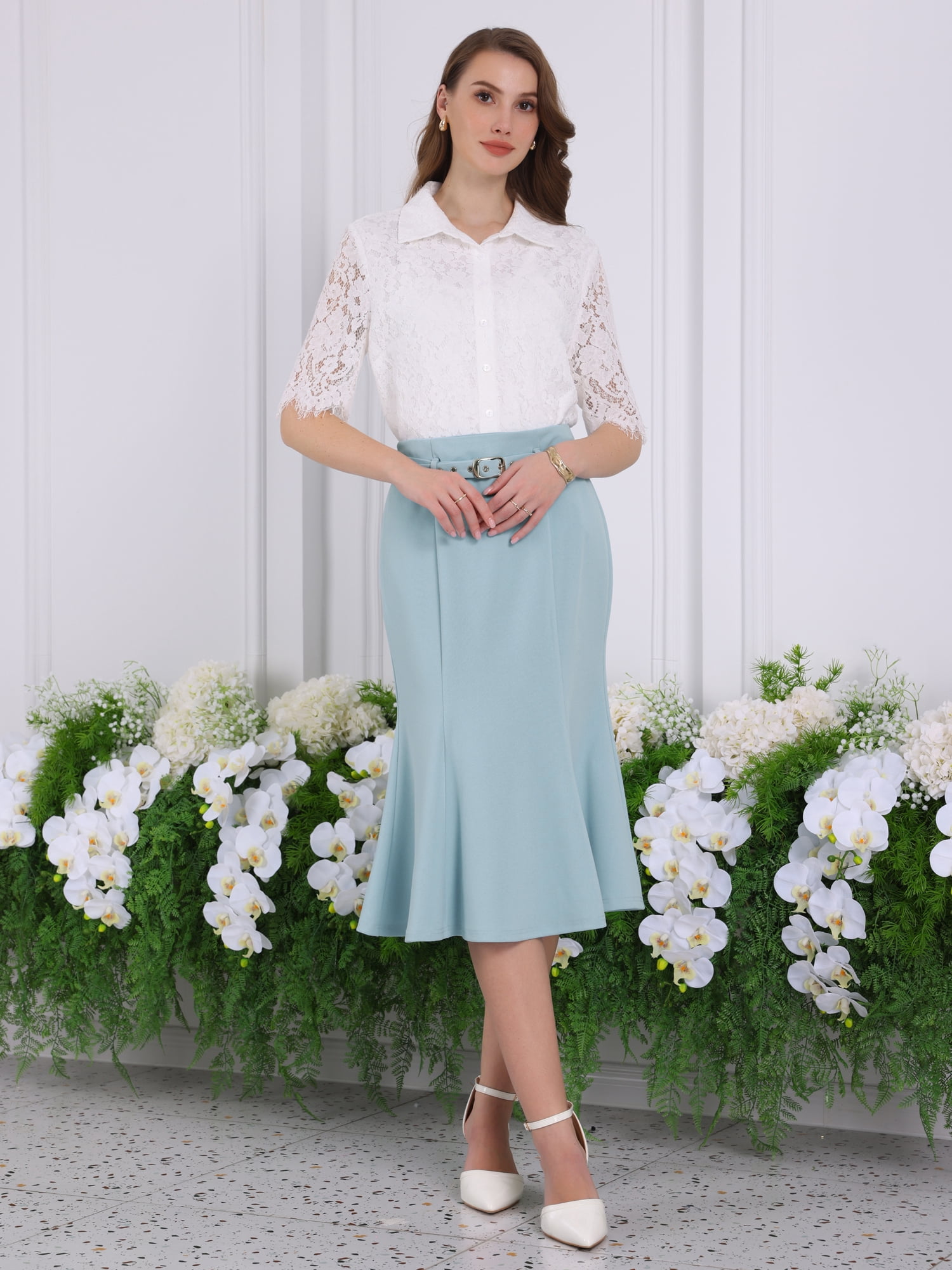 DARING DIVA Women Fishtail High Waist Belted Work Midi Mermaid Skirts L Light Blue