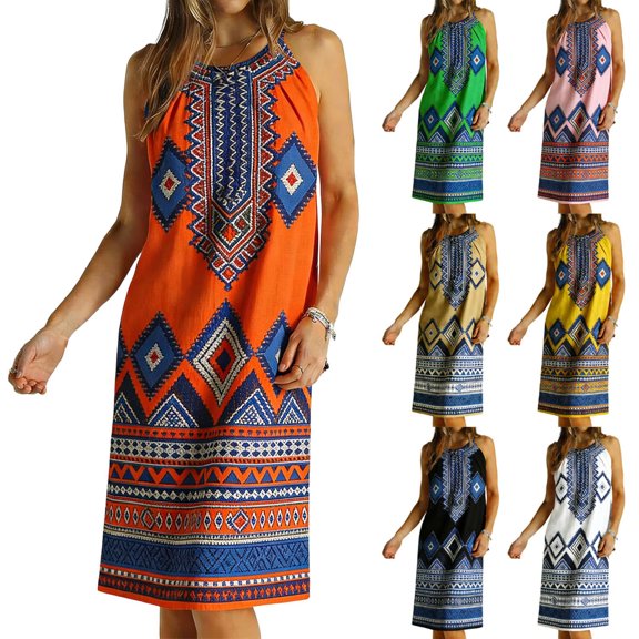 Lovzfmll Vacation Boho Print Spaghetti Strap Sleeveless Crew Neck Casual Midi Sundress for Women Loose Fit, Orange S