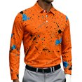 thumbnail image 2 of Mens Turn Down Collar Long Sleeve Polo Shirt Creative Paint Splatter Print Three Button Placket Casual Athletic Top, 2 of 4