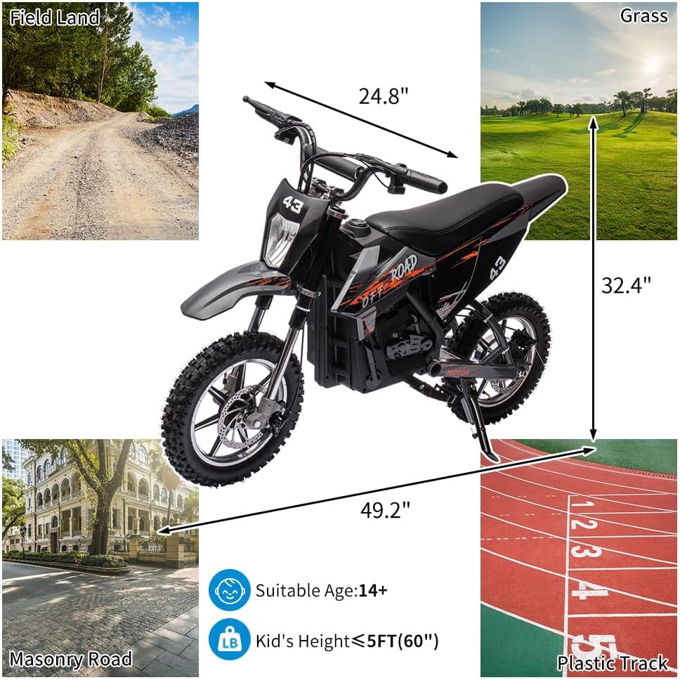 Luku Motorcycle, 36V Ride on Dirt Bike Motorcycle for Teens, Outdoor 500W Motor Off Road Motorcycle, Dirt Bike with Leather Seats, Black