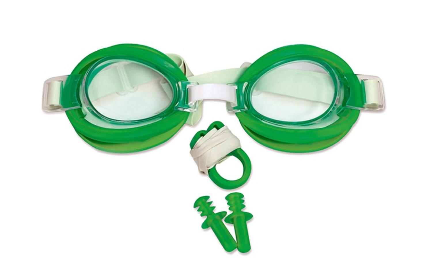 Green Goggles, Ear Plug and Nose Clip Combo Swimming Pool Accessory Set