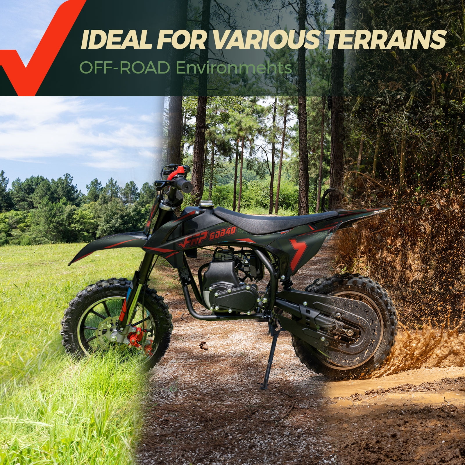 FRP FX40 40cc 4-Stroke Gas Powered Dirt Bike with Training Wheels, Safety Kill Switch, Max Speed 20 MPH, Front & Rear Disc Brakes, Stability Enhancement, EPA Certified - Black