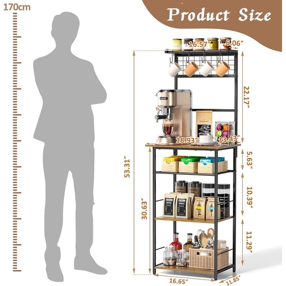 5 Tier Coffee Bar Station, Kitchen Stand with 4 S-Shaped Hooks, Farmhouse Corner Coffee Bar Cabinet for Small Spaces, Bakers Rack for Kitchen, Entryway, Living Room, 13.43"D x 18.93"W x 53.31"H
