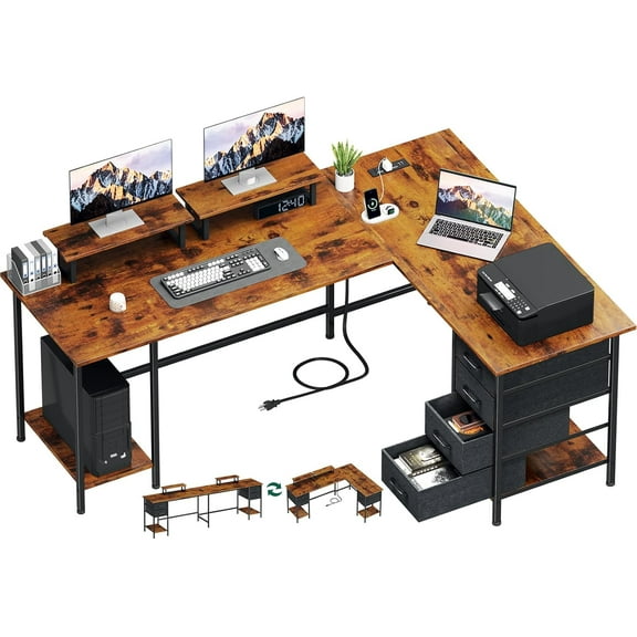 66" L Shaped Computer Desk with Power Outlets, Home Office Desk with 4 Adjustable Storage Drawers & 2 Monitor Stands, Large Two Person Gaming Table for Writing Study, Rustic Brown