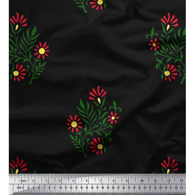 Soimoi Velvet Fabric Leaves & Floral Block Printed Craft Fabric by The Yard 58 Inch Wide